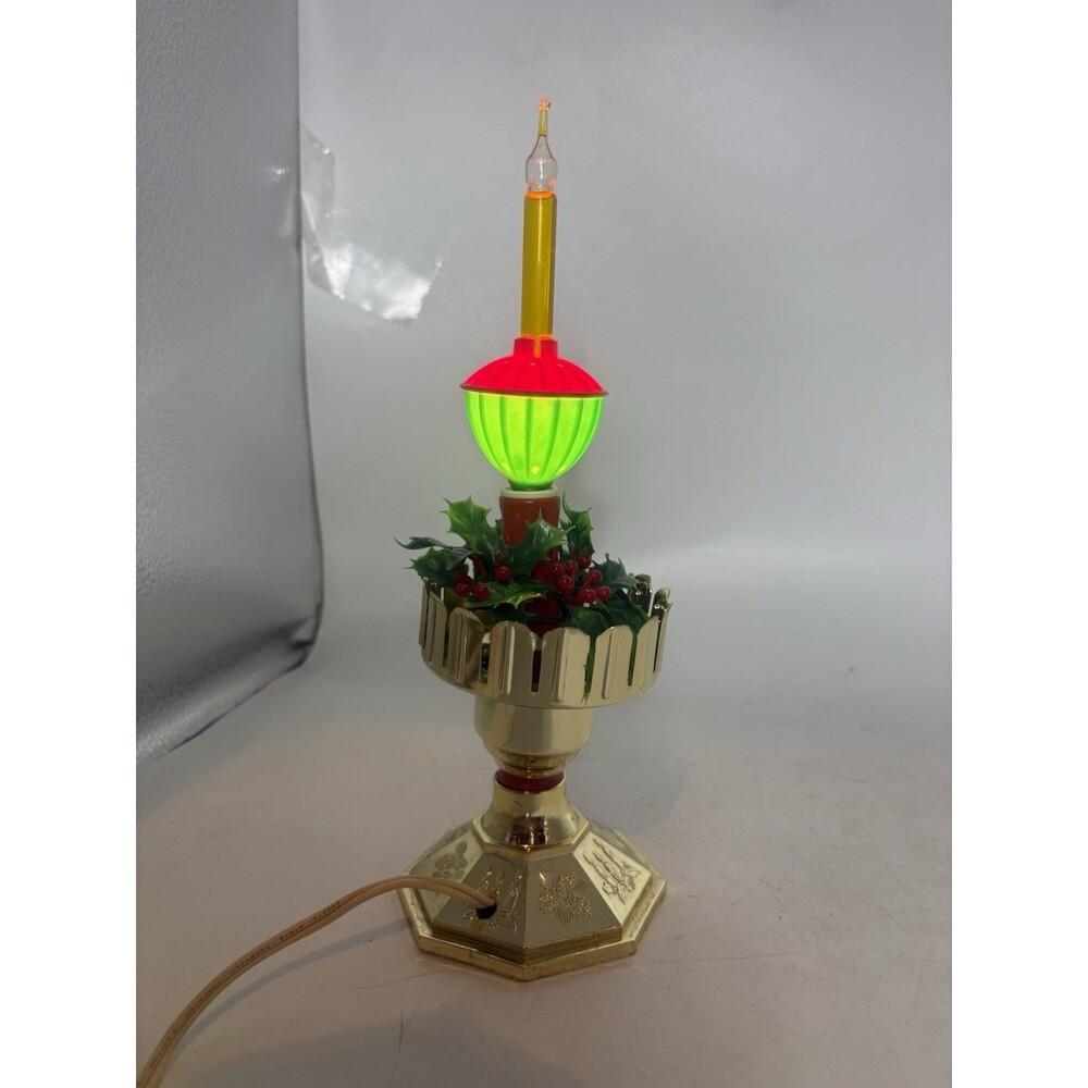 Vintage Christmas Electric Candle Lamp Holly Berries Gold Tone Lighted Decor